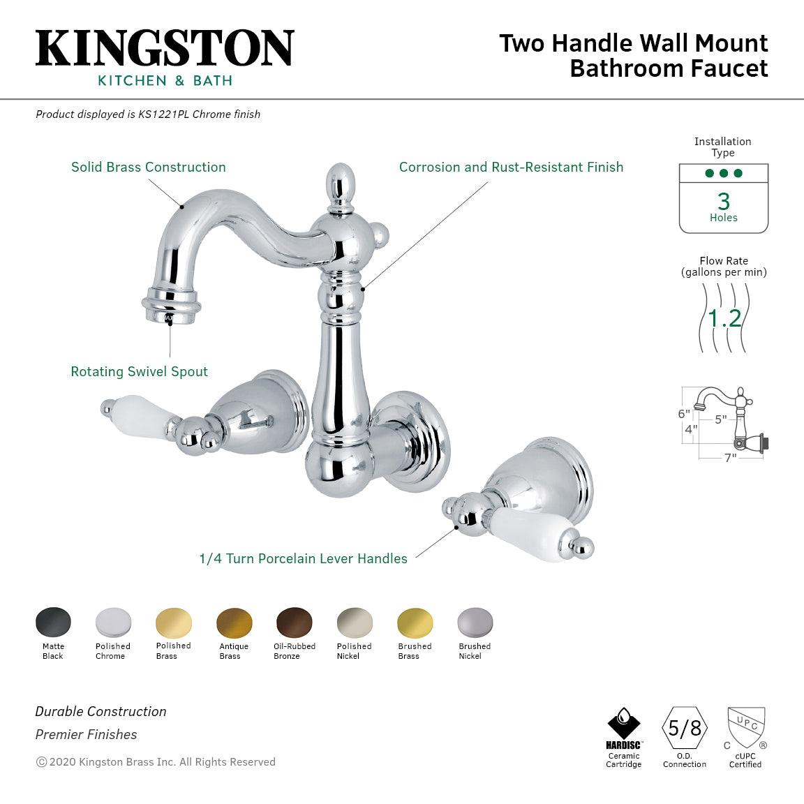 Kingston Heirloom KS1223PL - Heritage Double-Handle 3-Hole Wall Mount Bathroom Faucet, Antique Brass — thumbnail 2